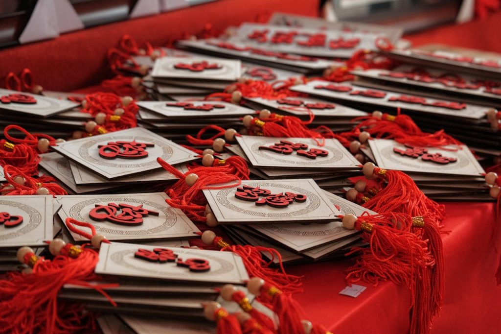 Red and gold traditional decorations for Chinese New Year celebrations.
